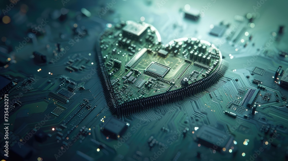 Poster heart shaped like a microchip. technologies and life. ai generative.