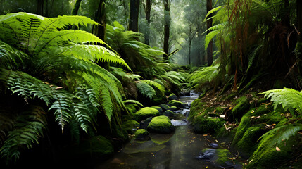 A lush green forest with a waterfall in the background,,
Ultra realistic an abstract of a fern forest covered with leaves

