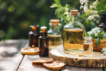 Concept of alternative herbal medicine. Bottles of tincture or potion, organic essential oils, dry healthy herbs, floral extracts on wooden table. Pure natural ingredients for cosmetic production