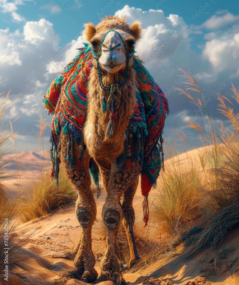 Poster camel standing on sand dunes in the desert. an image of a camel standing in the desert