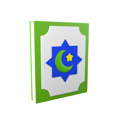 PSD 3D illustration of an Al-Quran with the concept of the moon and stars on the cover.