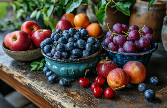 Fresh fruits on the wooden table.