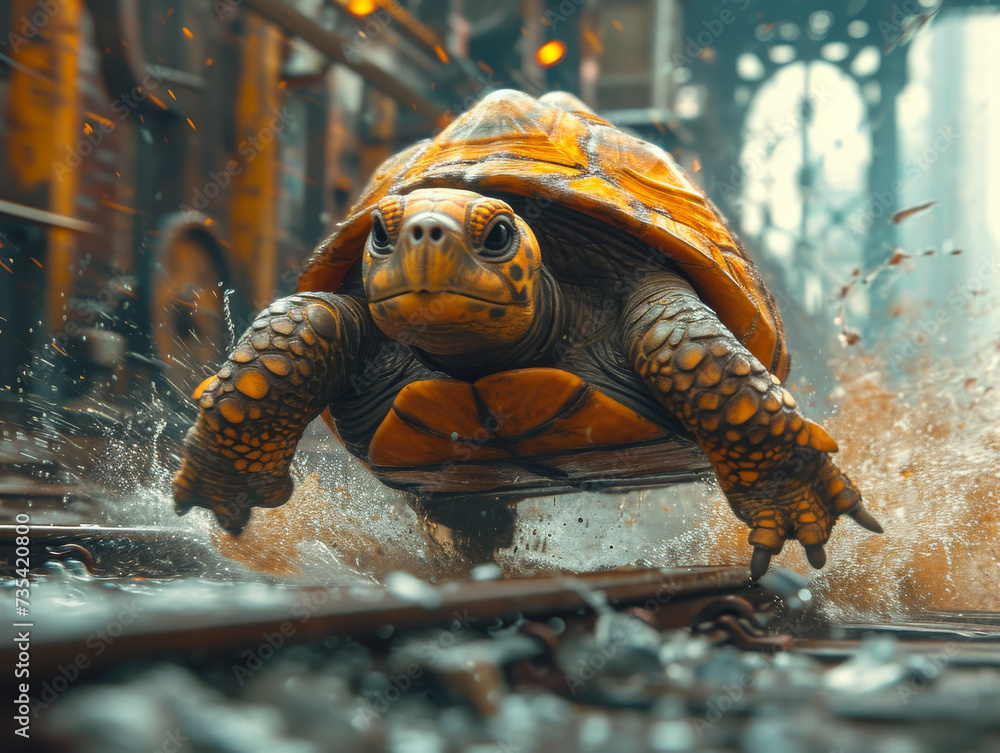 Aufkleber large turtle is walking on the rails. concept of speed progress and overcoming difficulties