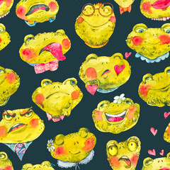 Cute Frog Seamless Pattern, Happy Faces - 735420822