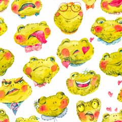 Cute Frog Seamless Pattern, Happy Faces - 735420843