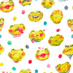 Cute Frog Seamless Pattern, Happy Faces - 735420886