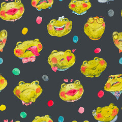 Cute Frog Seamless Pattern, Happy Faces - 735420890