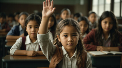 The schoolchild raises her hand for an answer in the classroom.