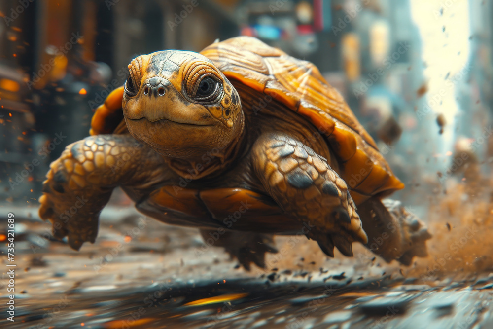 Poster a turtle in cap running past the in the city architecture