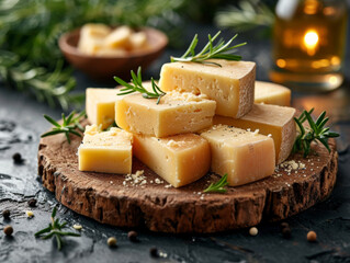 Cheese plate. Pieces of natural homemade cheese on wooden board with rosemary