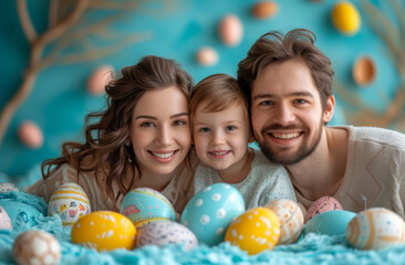 Fototapeta na wymiar Happy family is lying on the floor with Easter eggs.