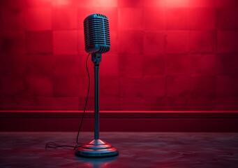 Vintage microphone on stage with red wall in the background