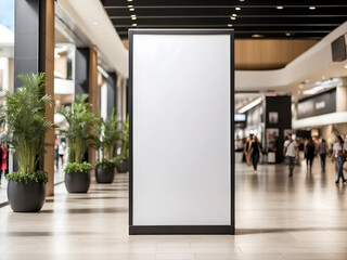 A mockup poster stands within a shopping centre mall setting or the high street, showcasing a wide banner design featuring ample blank space for your content design. - obrazy, fototapety, plakaty