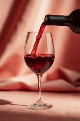 Red wine pours from a bottle into a glass with a splash against a beautiful close-up background