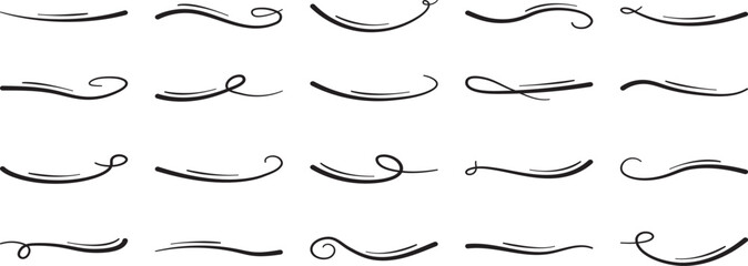 Swoosh line, underline swish, stroke swash swirl, curly hand drawn text calligraphic brush tail, black fireworks icon set isolated on white background. Doodle decorative vector illustration