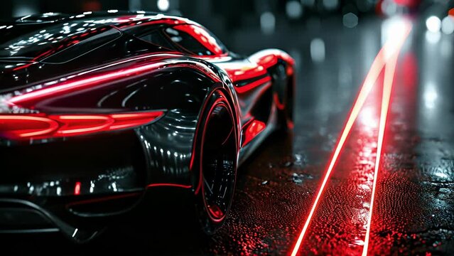 In the darkness of the night the neon red racing stripe on this metallic silver car shines like a beacon guiding it towards victory.