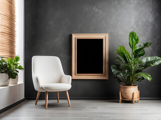 A Plant and chair with blank picture frame on wall background designs, A Plant with blank picture frame on wall background design.