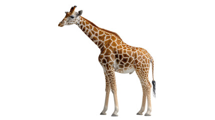 A majestic giraffe stands tall and proud against a stark black canvas, embodying the beauty and grace of a terrestrial mammal in its natural habitat