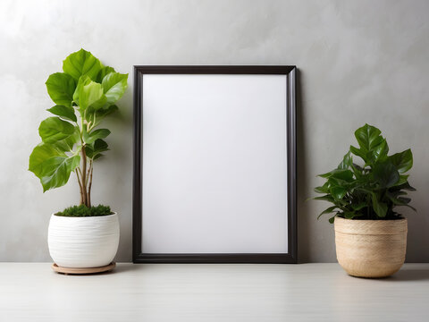 A Plant and chair with blank picture frame on wall background designs, A Plant with blank picture frame on wall background design.