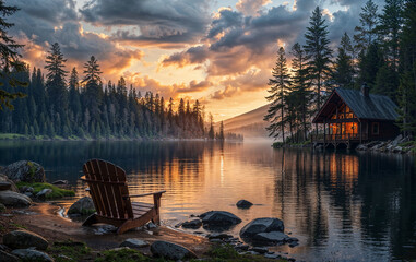 Serene Lake Retreat: Sunset by the Cabin - 735423878