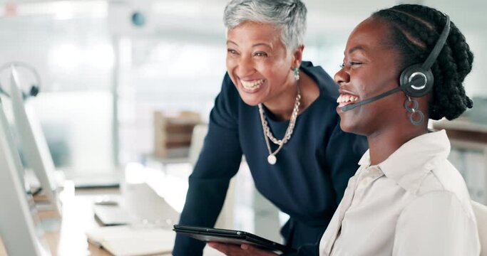 Training, manager and woman in call center office learning with advice in technical support on computer and tablet. Coaching, employees and feedback from mentor on crm tech project collaboration