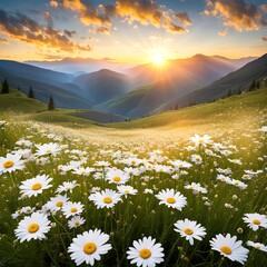 Beautiful field of white daisies in a mountain valley with sunrise sky and clouds 