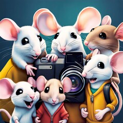 Happy mice posing by a black camera on a teal green background 