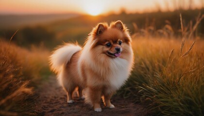 Pomeranian, dog at dawn, purebred dog in nature, happy dog, beautiful dog