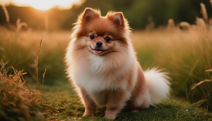 Naklejka na ściany i meble Pomeranian, dog at dawn, purebred dog in nature, happy dog, beautiful dog