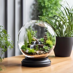 Glass terrarium on wooden pedestal with green plants, rocks, and waterfalls