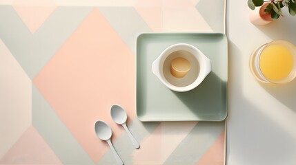 A top-down view of a chic baby bib with minimalist geometric patterns, placed alongside a tiny ceramic bowl filled with pastel-colored baby food puree.