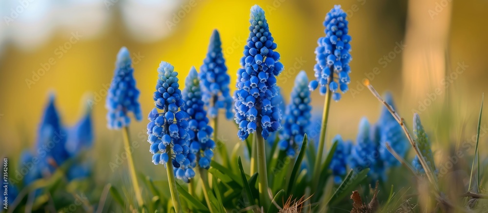 Wall mural A stunning display of electric blue Bluebonnet flowers carpeting a natural landscape, creating a beautiful close-up view of terrestrial plants in the field.