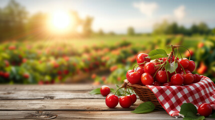 
Ripe cherry harvest And Empty wooden table with rural background. Selective focus on tabletop. - Powered by Adobe