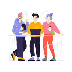 Teamwork. Creative business team. People working on laptop on table. Employees discuss a new project. Flat illustration.