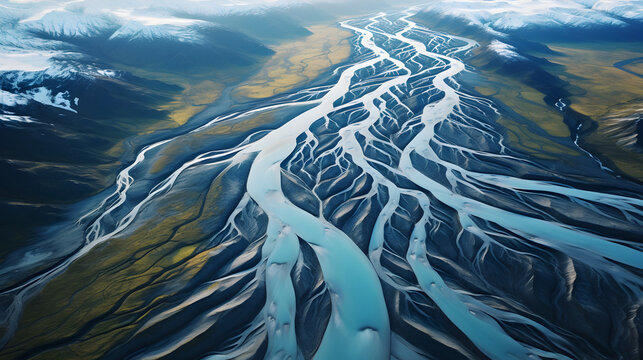 Iceland river above from drone Iceland landscape ,,
Aerial view of braided river. Scenic view of Markarfljot in Iceland Free Photo


