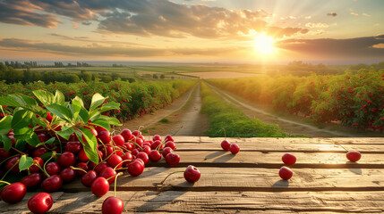 
Ripe cherry harvest And Empty wooden table with rural background. Selective focus on tabletop.