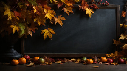 Naklejka na ściany i meble Autumn leaves and dark chalkboard background, copy space