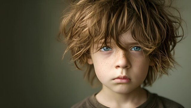 A portrait of a young boy with a blank expression and uncombed hair symbolizing the disruption and chaos that can occur in daily life during an episode of bipolar mania, Close-Up of Child With Blue