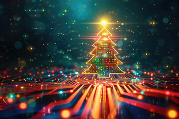 Fototapeta na wymiar Brightly Lit Christmas Tree on Dark Background
