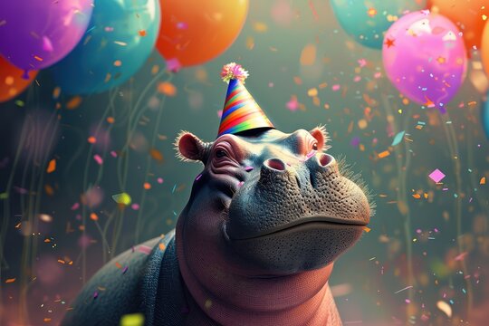 A cute hippo with a party hat, confetti and colorful balloons. Birthday celebration concept.