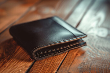 A Black Leather Wallet Resting on a Wooden Floor