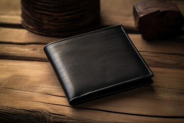 Black Wallet on Wooden Table