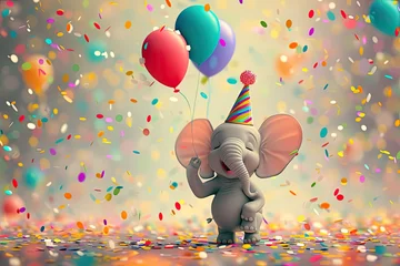 Badkamer foto achterwand Olifant Children's birthday concept. A cute baby elephant with confetti and colorful balloons.