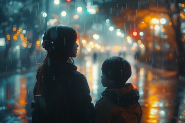 Mother with her son stands on the street watching lights of big city. View from behind on asian...