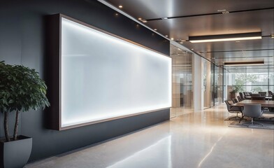 corporate branding identity logo display white blank frame mockup with modern business offices reception background as banner with copy space area mock up