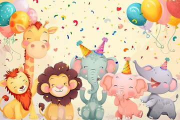 Fototapeta premium Cute children's birthday card in cartoon style with different animals.