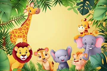 Naklejka premium Jungle wallpaper in cute cartoon style with animals. Empty space in the middle.