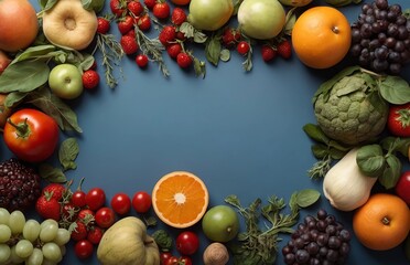 Fruits, vegetables and herbs on blue background. Rustic concept. Top view, lots of empty space, space for text.