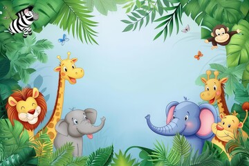 Fototapeta premium Jungle wallpaper in cute cartoon style with animals. Empty space in the middle.