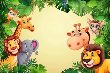 Fototapeta premium Jungle wallpaper in cute cartoon style with animals. Empty space in the middle.